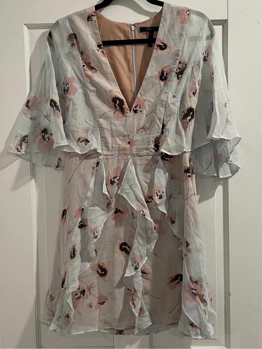 BCBGMaxAzria Light Blue and Pink Floral Ruffle Mini Dress